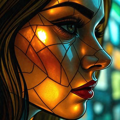 The primary subject of the image is a woman with a gold-painted face. She is looking at the camera with a serious expression. The setting is a room with a window, and the visual style is a digital art or illustration. The colors and mood of the image are dominated by the gold color on the woman's face, which gives the image a warm and unique atmosphere.